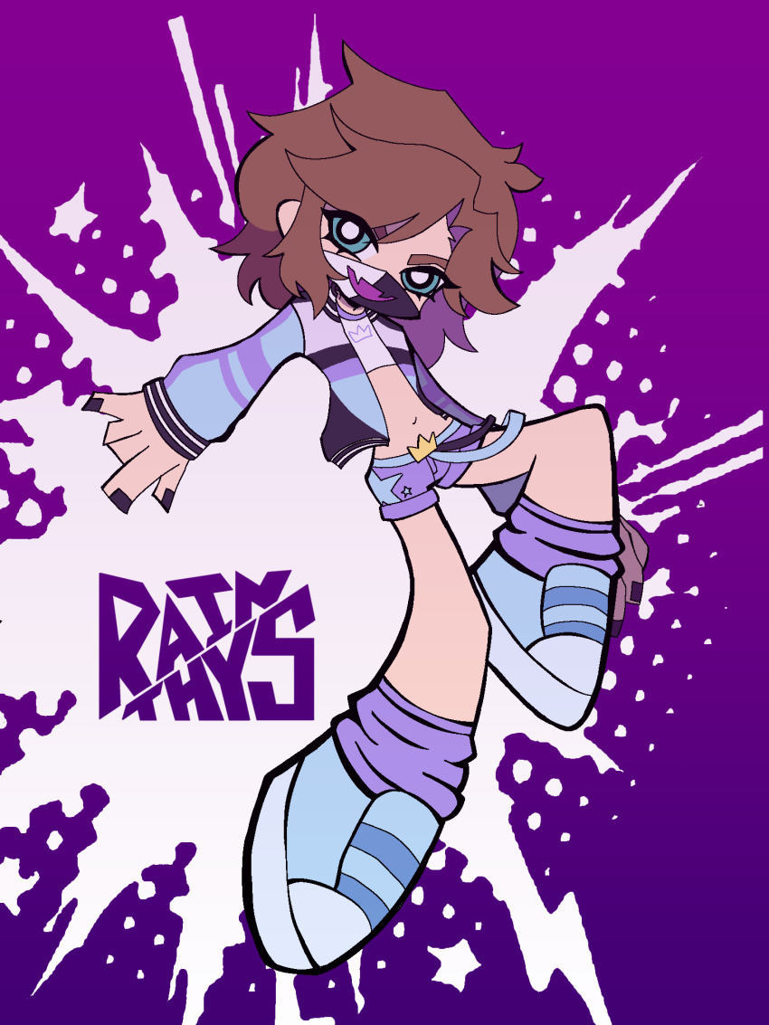 1other, androgynous, aqua_eyes, black_nails, blue_shoes, commentary, crop_top, cropped_jacket, crown_(symbol), english_commentary, full_body, highres, indie_virtual_youtuber, jacket, looking_at_viewer, mask, midriff, mouth_mask, navel, open_clothes, open_jacket, other_focus, panty_&amp;_stocking_with_garterbelt, parody, purple_background, purple_shorts, rainthys, ranboo, ranboo_(r800), ranboo_(r800)_(1st_costume), shirt, shoes, short_hair, shorts, sneakers, solo, style_parody, virtual_youtuber, white_shirt