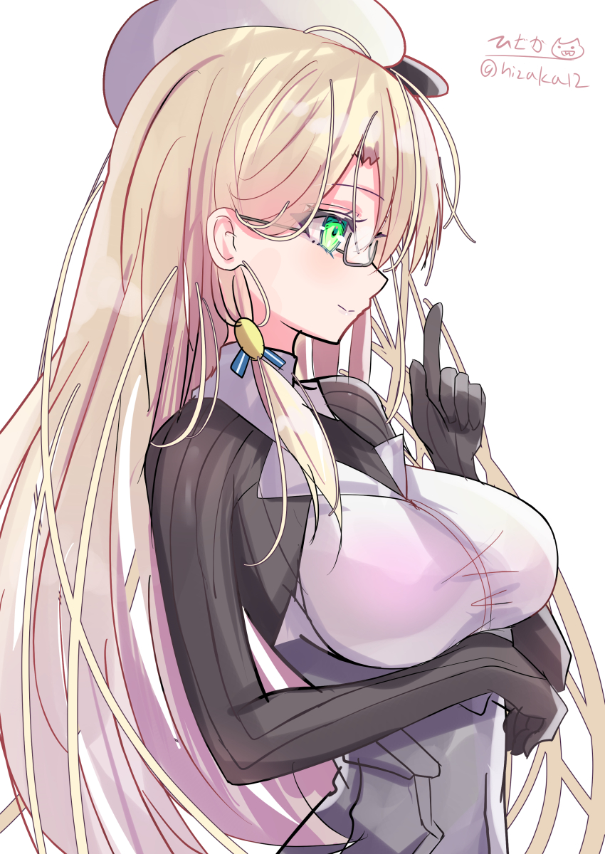 1girl, absurdres, black_skirt, blonde_hair, breasts, corset, cowboy_shot, glasses