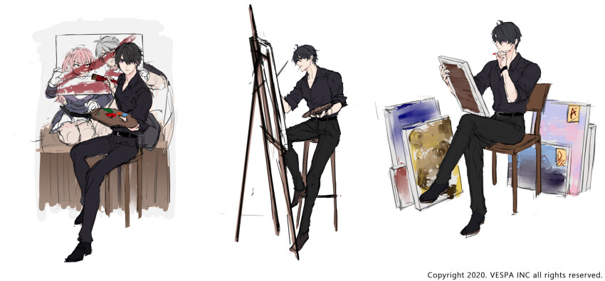 1girl, 2boys, anger_vein, bar_stool, belt, black_belt, black_coat, black_hair