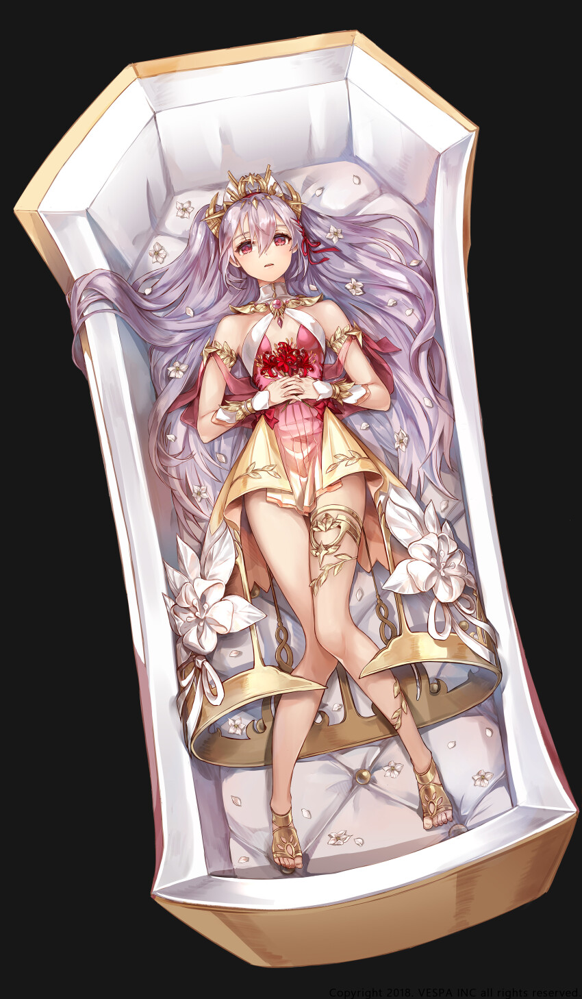 1girl, absurdres, bouquet, bracelet, breasts, brooch, coffin, commentary