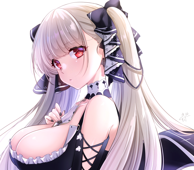 1girl, azur_lane, bare_shoulders, black_bow, black_dress, black_nails, blonde_hair, bow