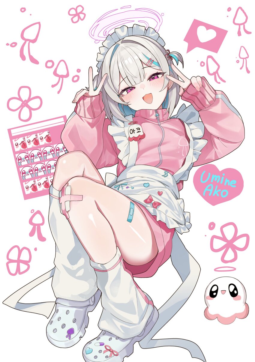 1girl, absurdres, apron, bandaid, bandaid_on_knee, bandaid_on_leg, blue_hair, blush