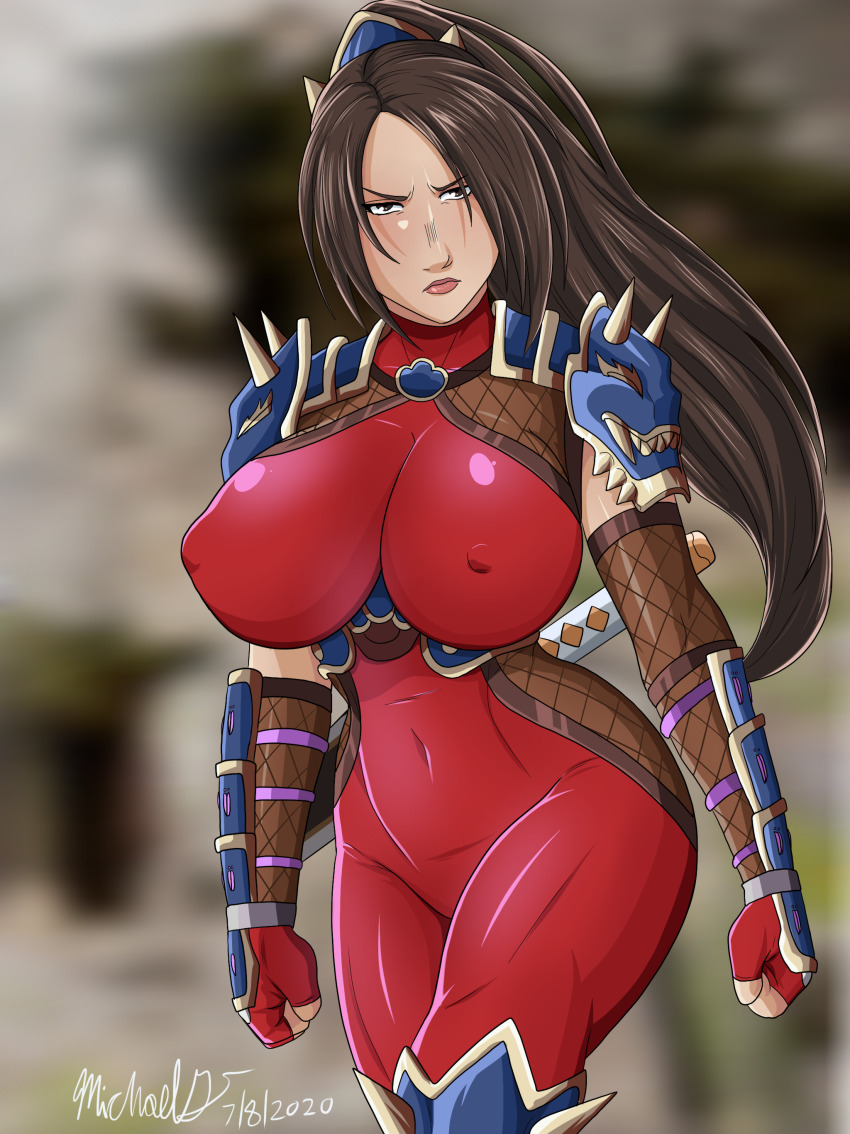 1girl, absurdres, arm_guards, armor, bodysuit, breasts, brown_eyes, brown_hair