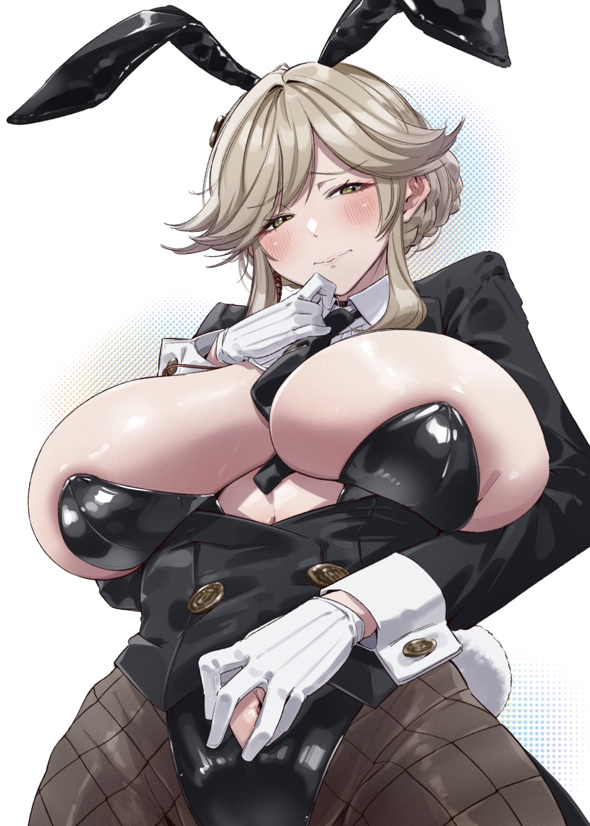 1girl, absurdres, ade_(agent_bunny)_(nikke), ade_(nikke), animal_ears, between_breasts, black_jacket, black_leotard