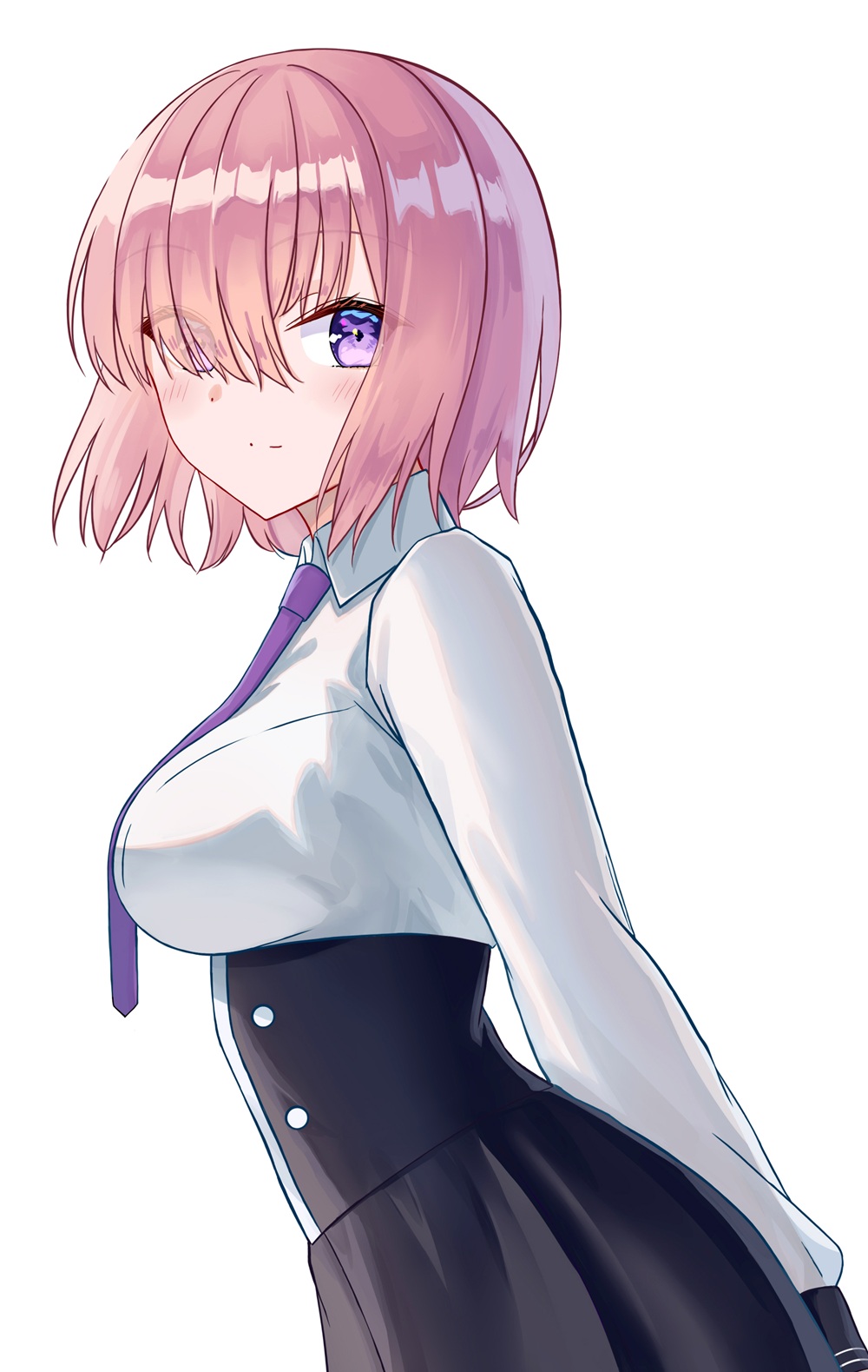 1girl, akaya_(pixiv20545353), black_skirt, breasts, closed_mouth, collared_shirt, commentary_request, eyes_visible_through_hair