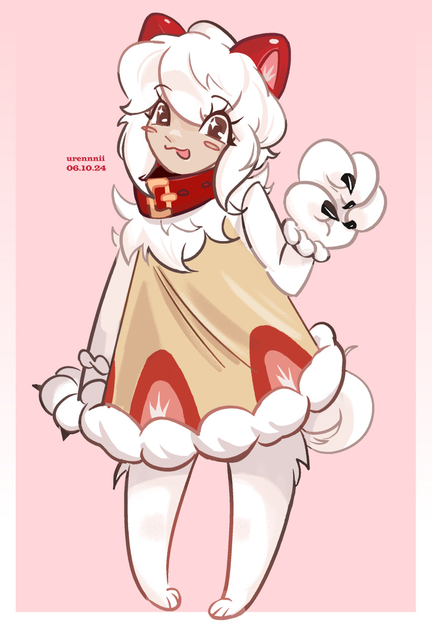 absurdres, animal_ears, animal_hands, blush, brown_eyes, collar, cookie_run, cookie_run:_kingdom, dog_ears, dog_paws, dress, english_text, eyes_visible_through_hair, fur-trimmed_dress, fur_trim, furry, highres, sparkling_eyes, strawberry_shortcake_cookie, tongue, tongue_out, urennnii, white_hair