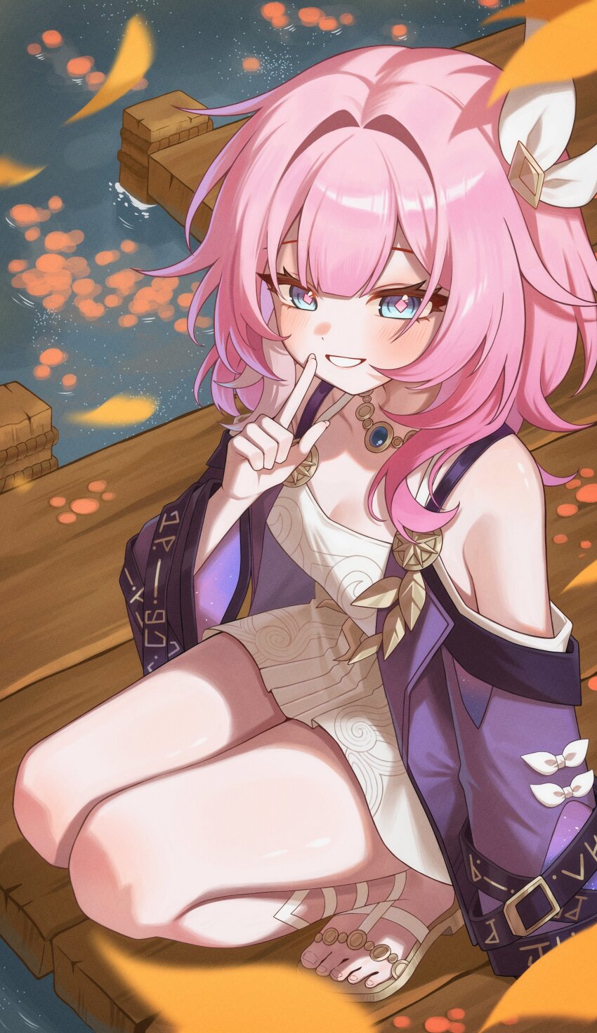 1girl, absurdres, bare_shoulders, blue_eyes, breasts, cleavage, coat, commentary, cyrene_(philia093)_(honkai:_star_rail), cyrene_(honkai:_star_rail), dress, hair_ornament, highres, honkai:_star_rail, honkai_(series), jewelry, looking_at_viewer, necklace, nhom_(woogi), pink_hair, purple_coat, sandals, short_hair, small_breasts, smile, solo, squatting, thighs, toes, water, white_dress