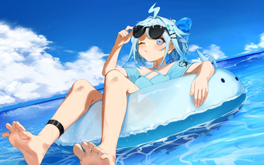 1girl, absurdres, adjusting_eyewear, ahoge, barefoot, bikini, blue_bow, blue_eyes, blue_hair, blue_sky, blush, bow, closed_mouth, cloud, day, eyewear_on_head, feet, foot_out_of_frame, hair_bow, hair_ornament, hairclip, highres, hololive, hololive_dev_is, innertube, issun_boushi_(taku37taku), jewelry, legs, looking_at_viewer, mizumiya_su, ocean, on_innertube, one_eye_closed, outdoors, sky, soles, solo, sunglasses, swim_ring, swimsuit, toes, virtual_youtuber, water