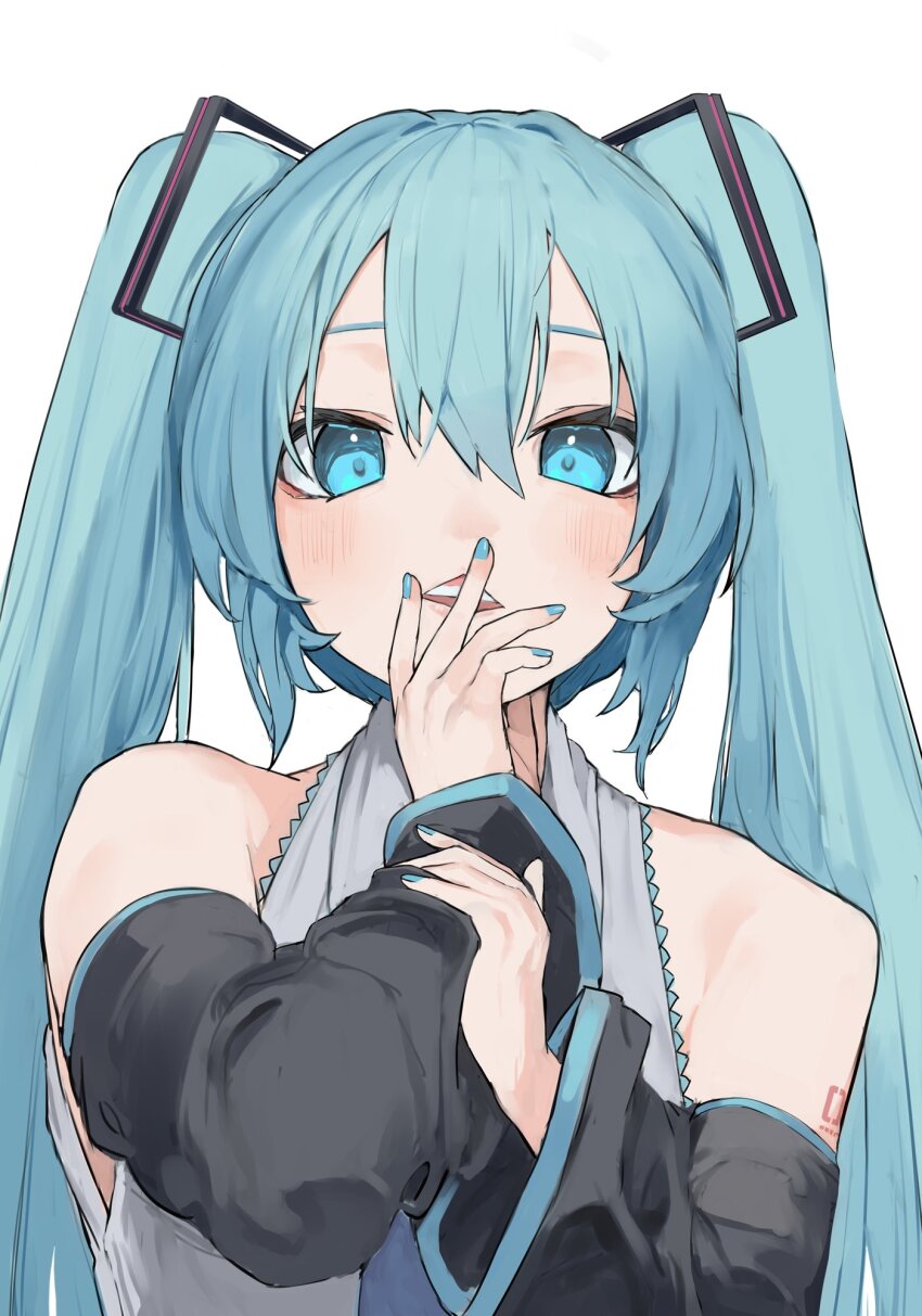 1girl, bare_shoulders, blue_eyes, blue_hair, double-parted_bangs, hair_between_eyes, hand_up, hatsune_miku, highres, lip_pull, long_hair, nail_polish, parted_lips, pocche-ex, solo, twintails, vocaloid