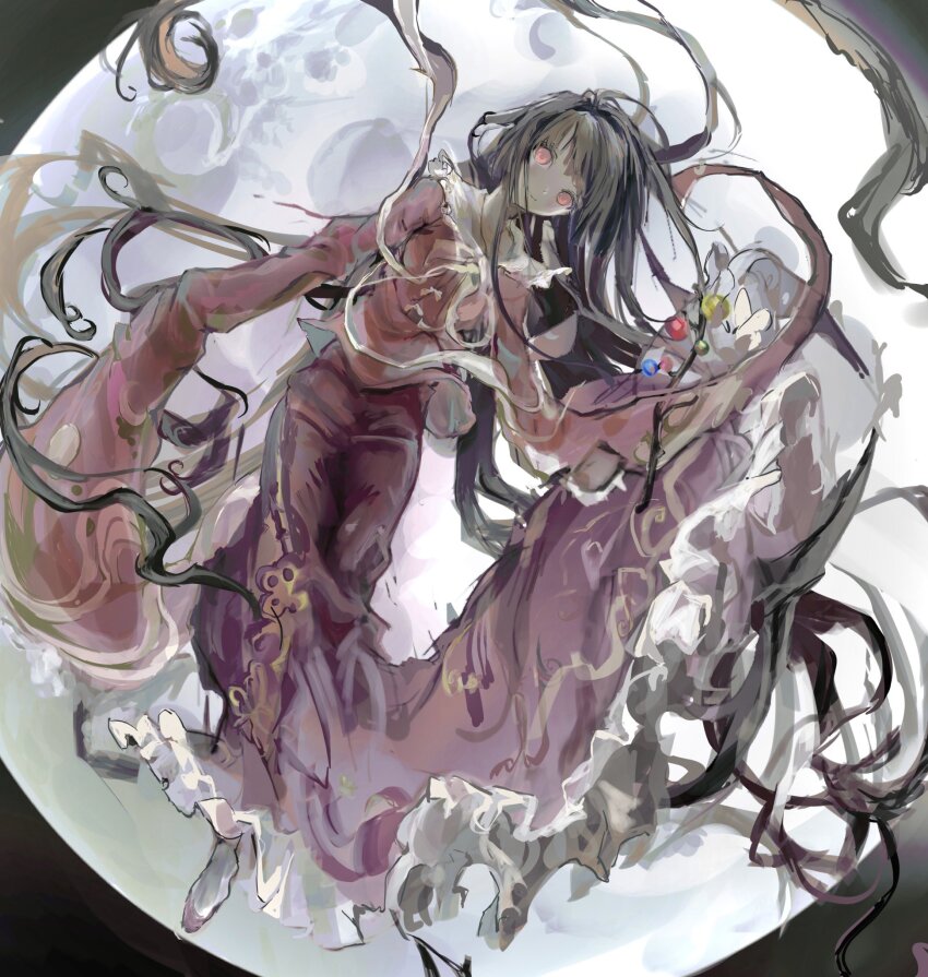 1girl, branch, closed_mouth, full_body, full_moon, highres, hime_cut, houraisan_kaguya