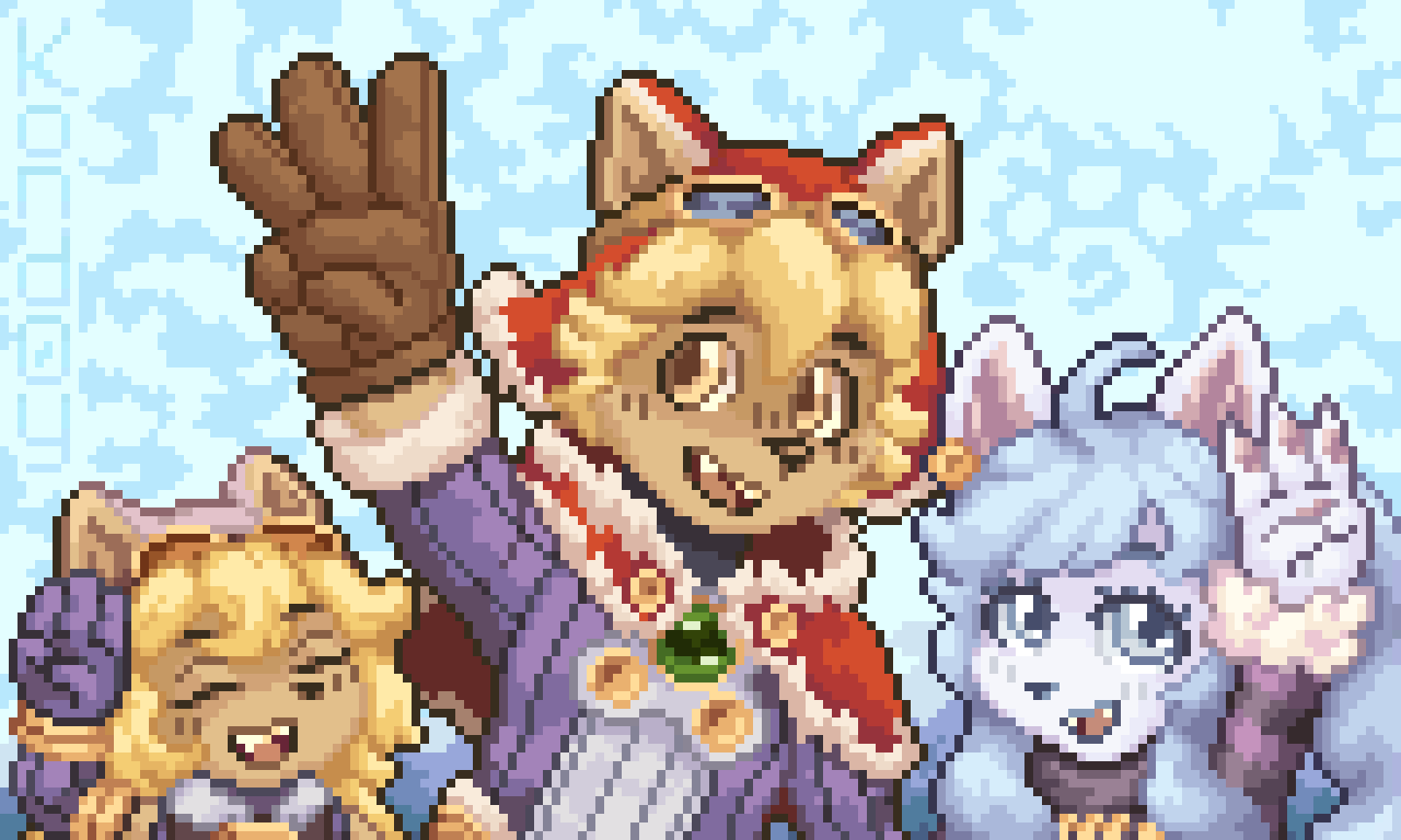 artist_name, chocolat_gelato, chocolat_gelato_(cosplay), commentary, cosplay, dog_boy, elh_melizee, elh_melizee_(cosplay), finger_counting, finger_counting_trio, furry, furry_male, furry_with_furry, goggles, goggles_on_headwear, highres, kond0y, little_tail_bronx, malt_marzipan, mei_marzipan, pixel_art, portuguese_commentary, red_savarin, red_savarin_(cosplay), senjou_no_fuuga, sheena_falafel, solatorobo, trapper_hat, w