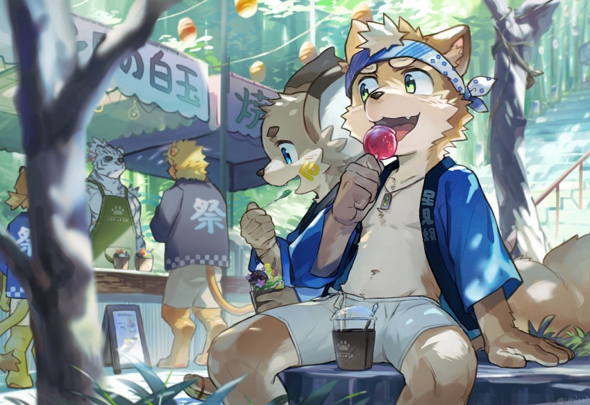 5boys, animal_ears, apron, barefoot, candy_apple, digitigrade, dog_boy, dog_ears