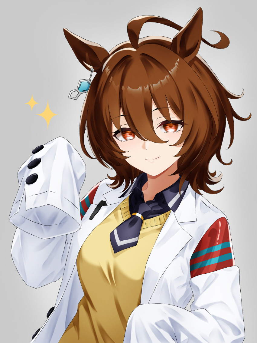 1girl, absurdres, agnes_tachyon_(tach-nology)_(umamusume), agnes_tachyon_(umamusume), animal_ears, black_necktie, black_shirt, brown_hair