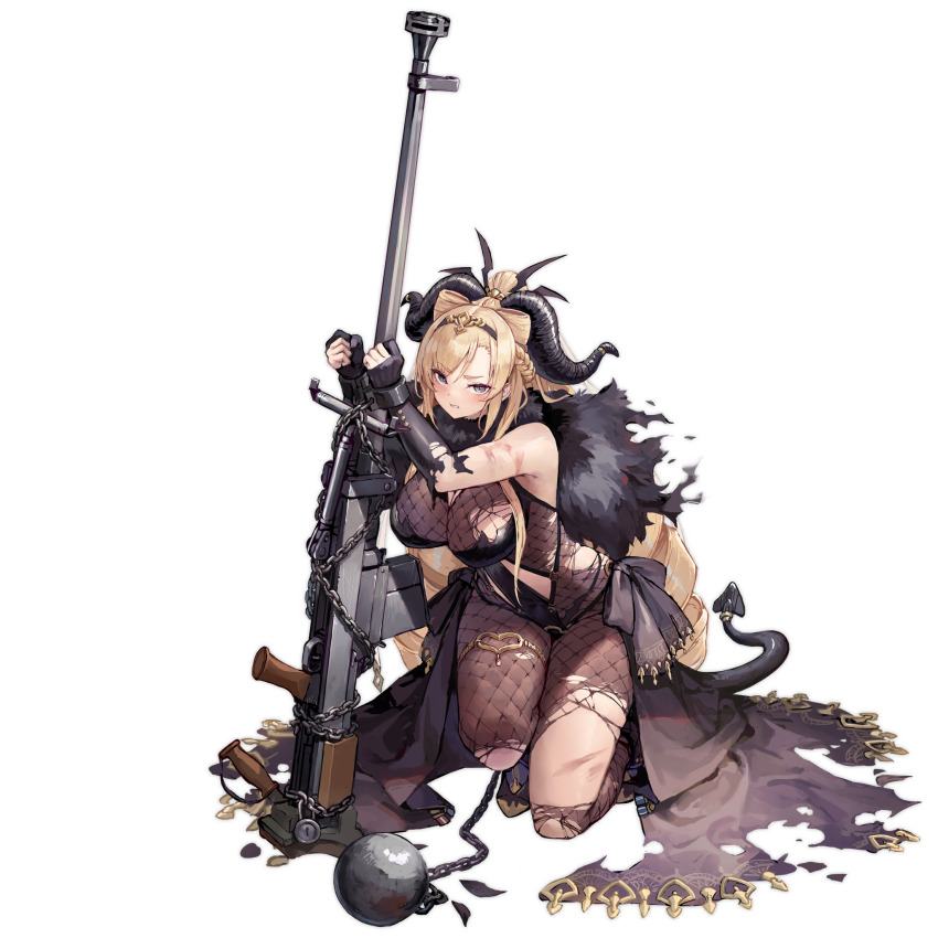 1girl, alpha_transparency, anti-materiel_rifle, asymmetrical_bangs, black_bow, black_dress, black_gloves, blonde_hair