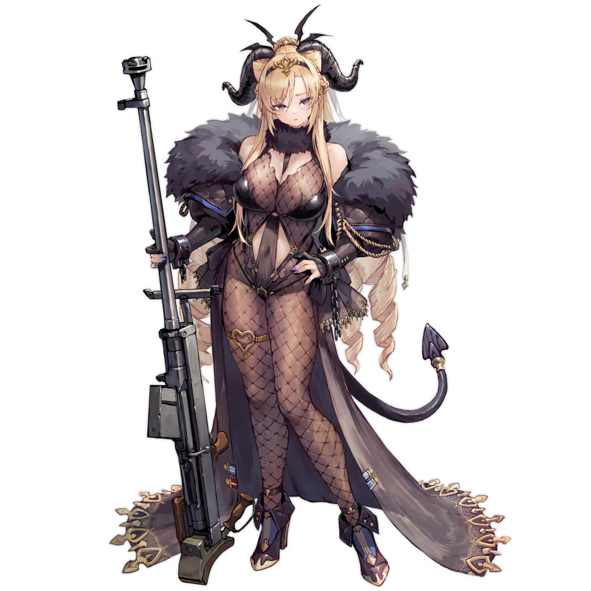 1girl, alpha_transparency, anti-materiel_rifle, asymmetrical_bangs, black_dress, blonde_hair, blue_nails, bodystocking
