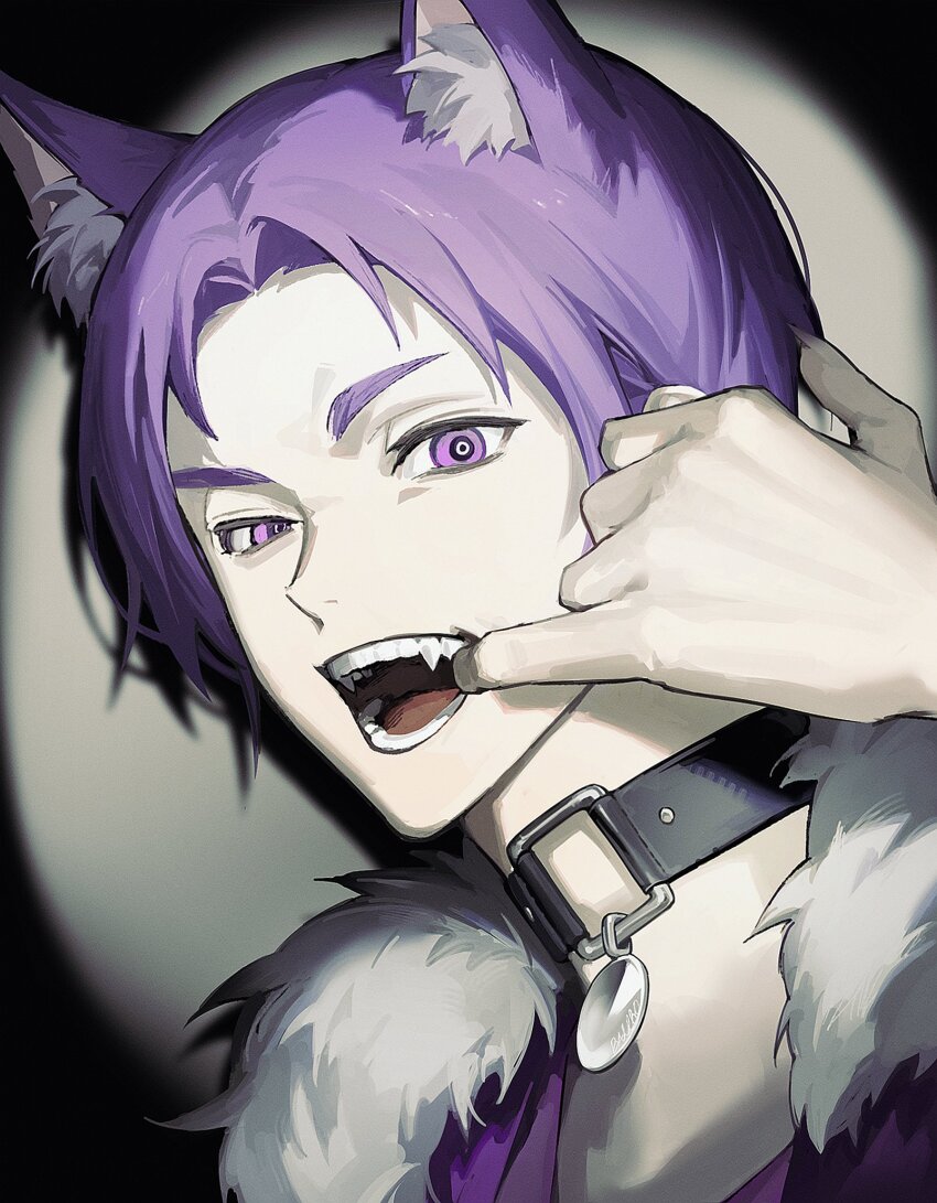 1boy, alternate_costume, animal_ears, ballro, blue_lock, commentary, fangs, fur_trim, highres, leash, looking_at_viewer, male_focus, mikage_reo, purple_eyes, purple_hair, short_hair, solo, teeth, tongue, upper_body
