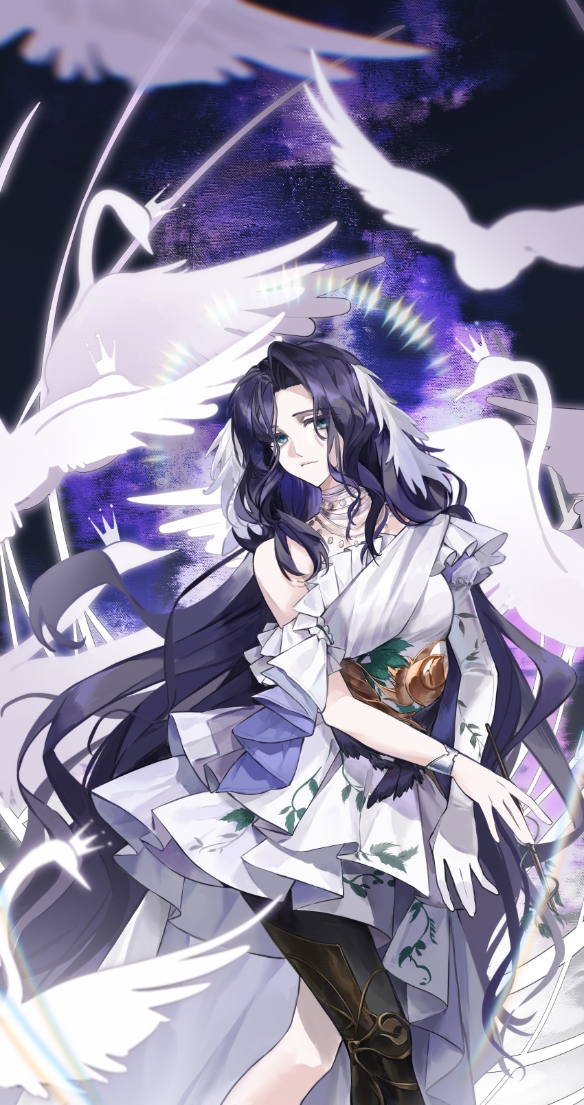 1girl, absurdres, bird, black_hair, blue_eyes, closed_mouth, dark_background, dress