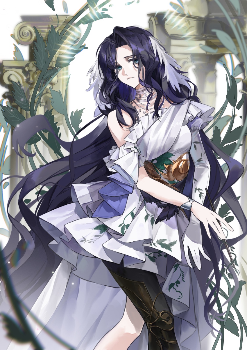 1girl, absurdres, black_hair, blue_eyes, closed_mouth, column, dress, elbow_gloves