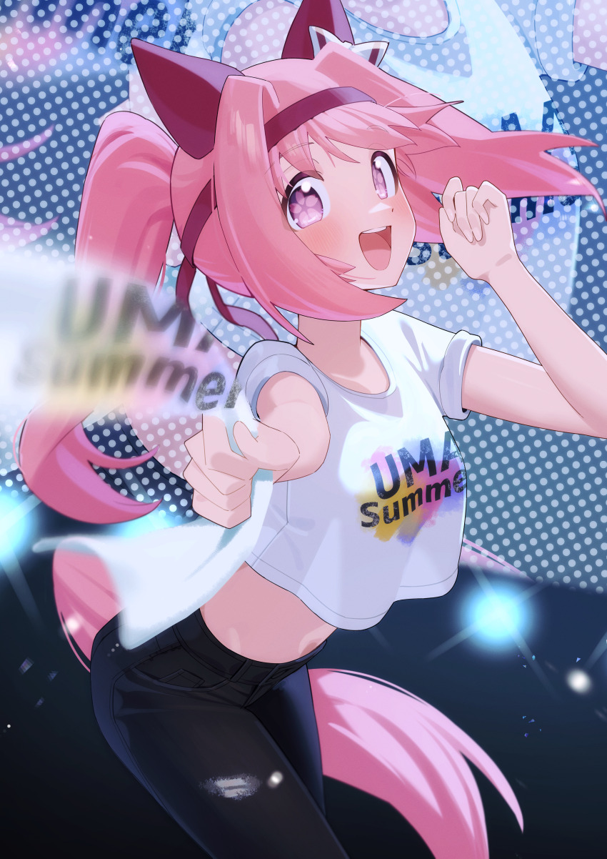 1girl, absurdres, alternate_costume, animal_ears, black_pants, blush, bow, breasts