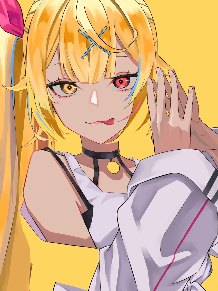 1girl, absurdres, arms_up, bare_shoulders, black_choker, blonde_hair, blue_hair, choker