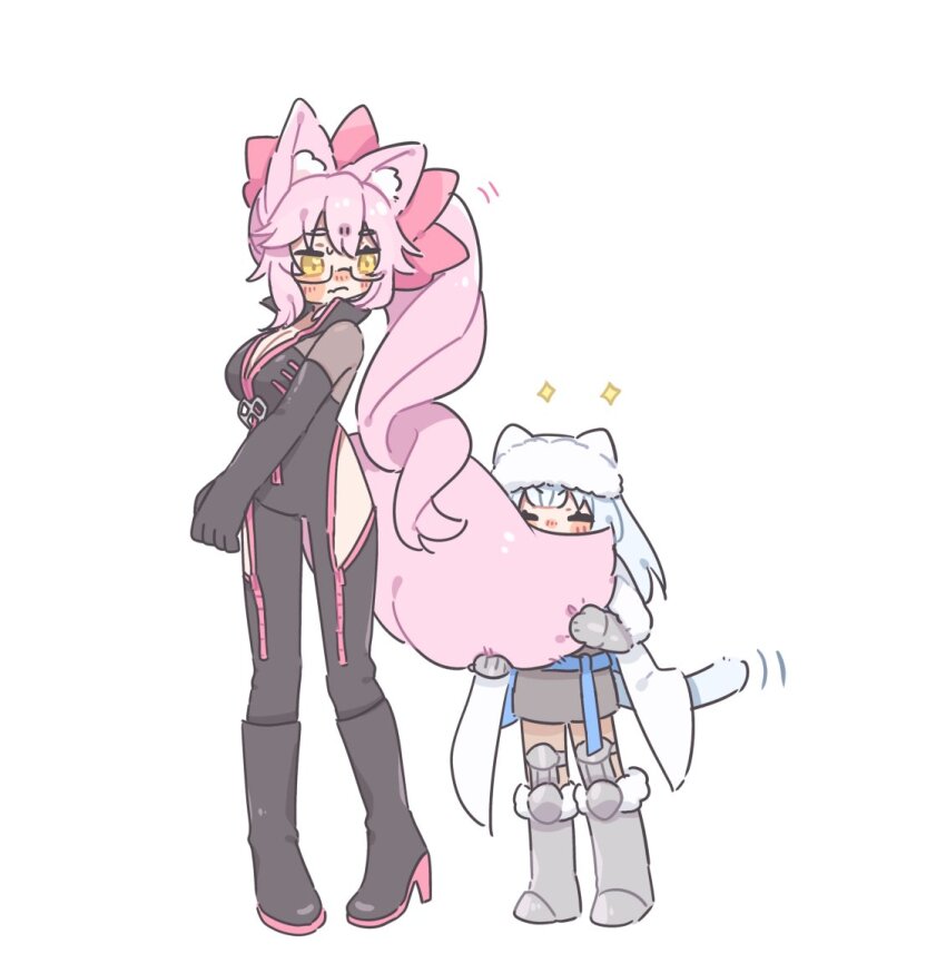 2girls, aged_down, animal_ears, anko_omotimoti, black_bodysuit, blue_cape, bodysuit, boots