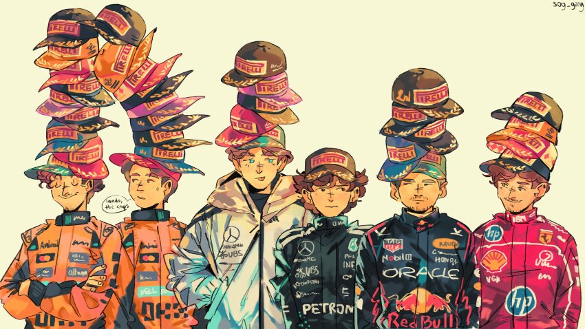 6+boys, absurdres, andrea_kimi_antonelli, baseball_cap, black_eyes, black_racing_suit, blue_eyes, blue_racing_suit