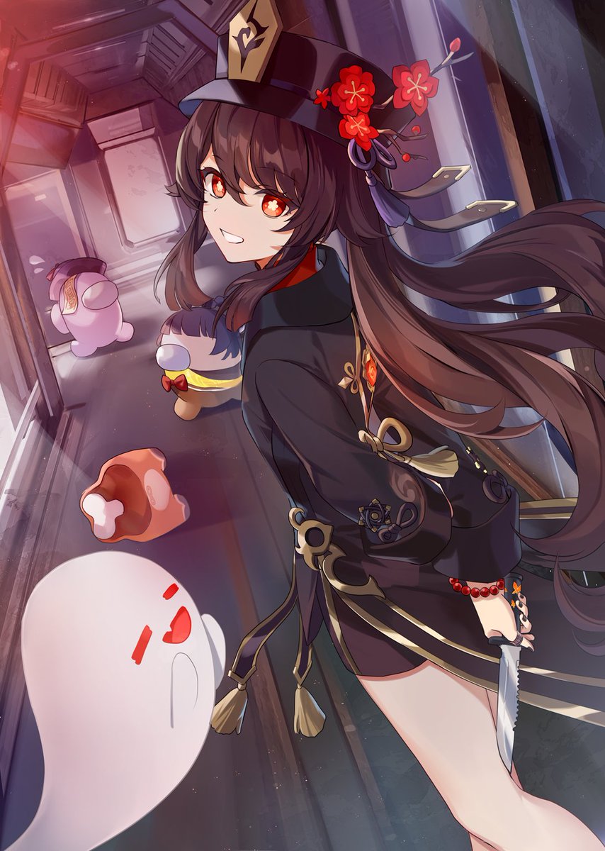 1girl, 3others, among_us, arms_behind_back, black_hat, boo_tao_(genshin_impact), bright_pupils, brown_hair