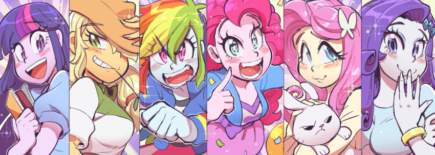 6+girls, angel_bunny, animification, applejack, applejack_(equestria_girls), blonde_hair, blue_eyes, blue_eyeshadow