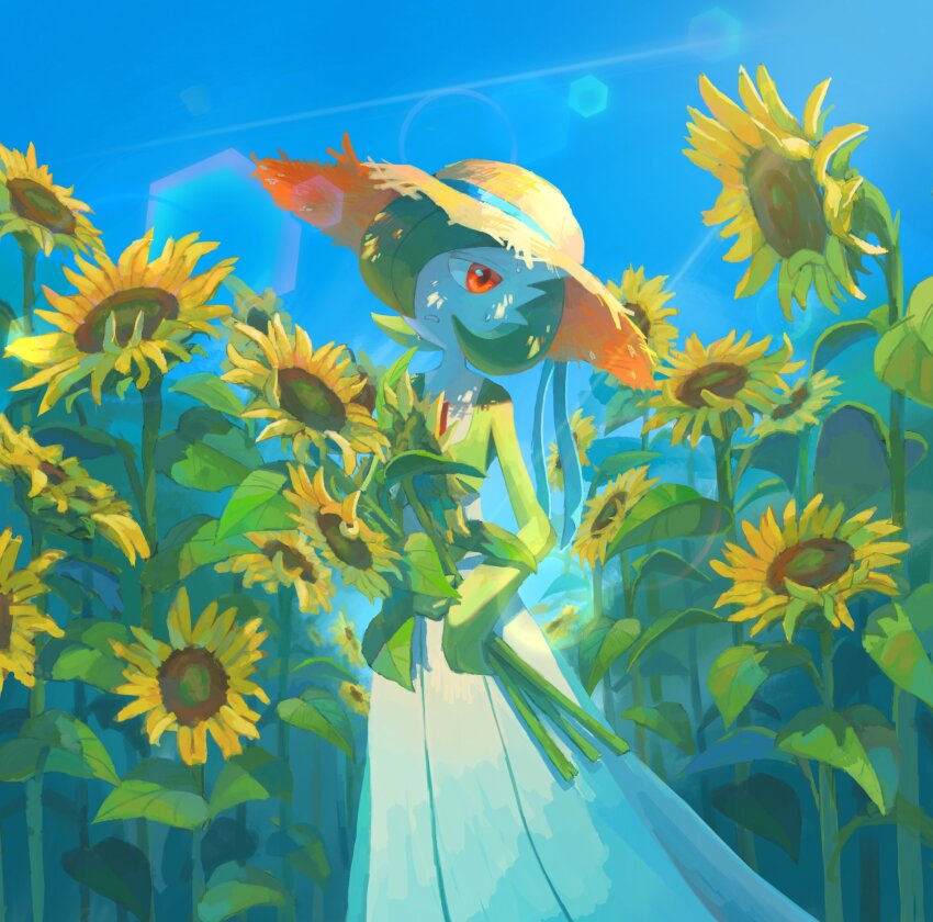 1other, bob_cut, colored_skin, field, flower, flower_field, furry, gardevoir, gen_3_pokemon, green_hair, hair_over_one_eye, hat, highres, holding, keruasu0629, looking_at_viewer, multicolored_skin, nintendo, outdoors, parted_lips, pokemon, pokemon_(creature), red_eyes, sky, straw_hat, sun_hat, sunflower, sunflower_field, sweat, two-tone_skin, white_skin