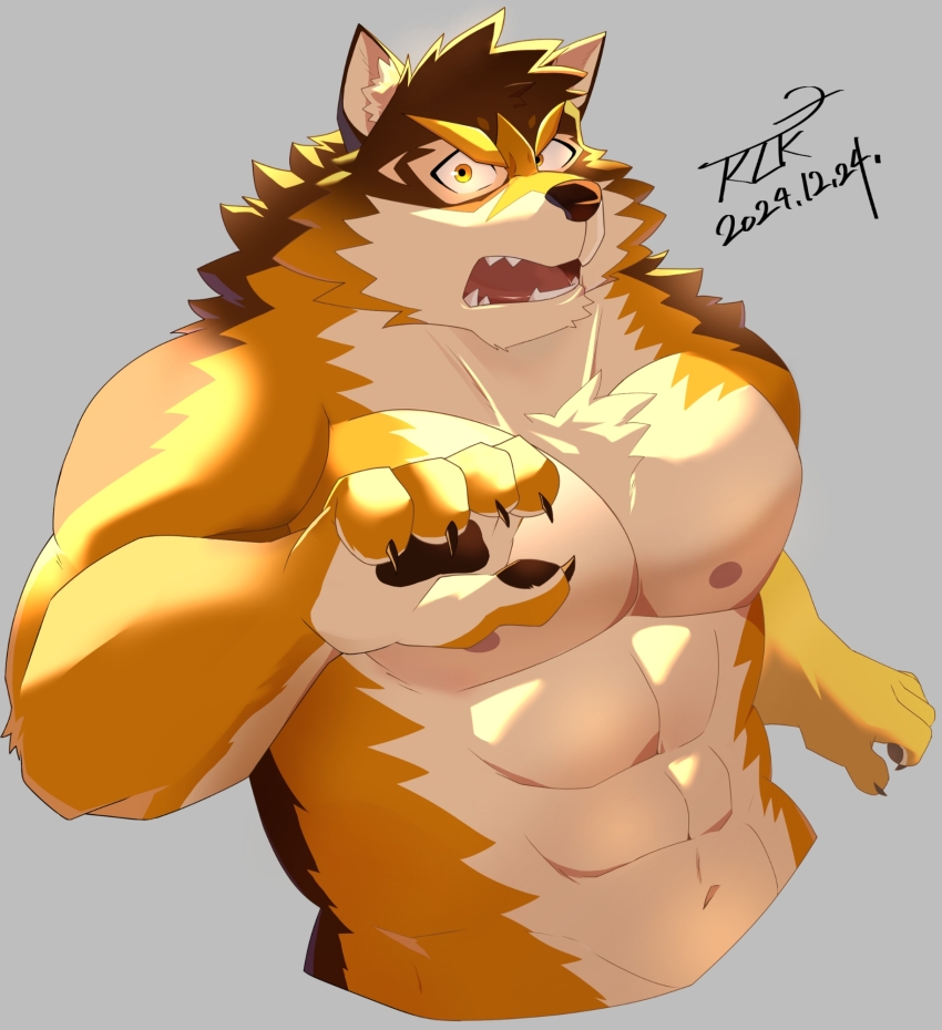 1boy, abs, animal_ears, bara, bare_pectorals, barrel_(live_a_hero), biceps, brown_fur