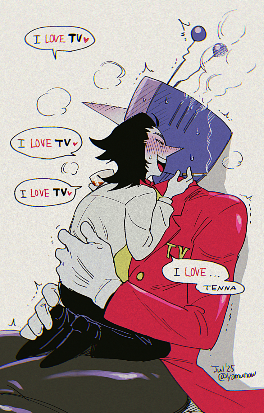 2boys, ant_tenna, black_hair, black_pants, black_shoes, blush, cigarette, commentary_request, crt, cup, dated, deltarune, english_text, gloves, hands_on_another's_back, head_steam, highres, holding, holding_cigarette, holding_cup, long_nose, male_focus, multiple_boys, object_head, on_lap, pants, pointy_nose, radio_antenna, shirt, shoes, short_hair, size_difference, spamton_g._spamton, spamton_g._spamton_(big_shot), speech_bubble, tailcoat, twitter_username, utdr_(toby_fox), white_gloves, white_shirt, yaoi, yomunow