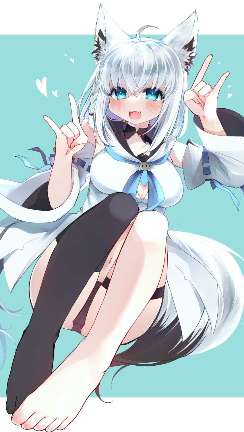1girl, absurdres, ahoge, animal_ear_fluff, animal_ears, barefoot, black_thighhighs, blue_eyes