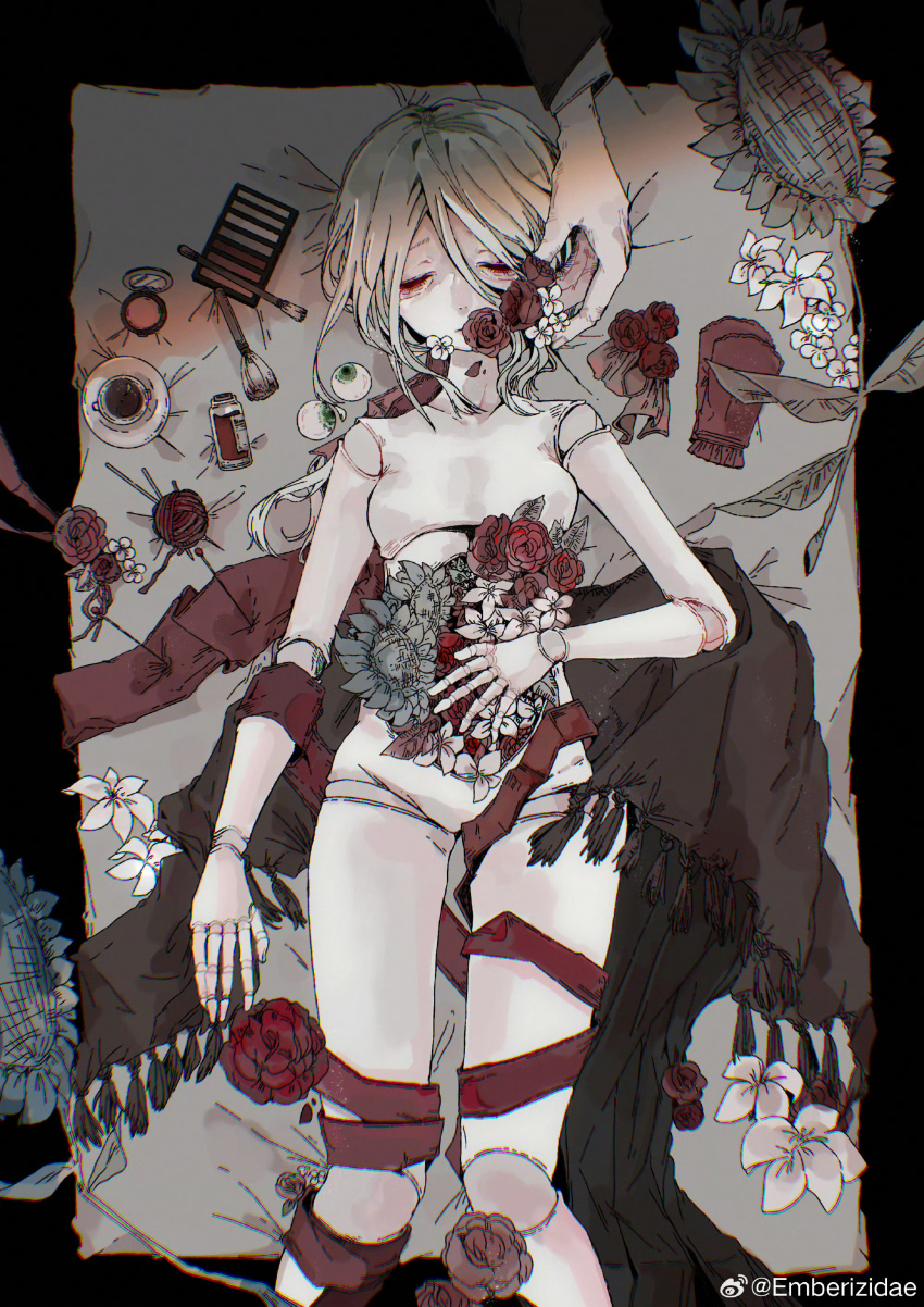 1girl, absurdres, blonde_hair, bloodborne, closed_eyes, closed_mouth, commentary, doll, doll_joints, english_commentary, eyeball, feet_out_of_frame, flower, highres, holding, holding_flower, jar, joints, melo_(_suzume_o_), needle, no_nipples, nude, out_of_frame, plain_doll, red_ribbon, ribbon, thread, watermark, weibo_watermark