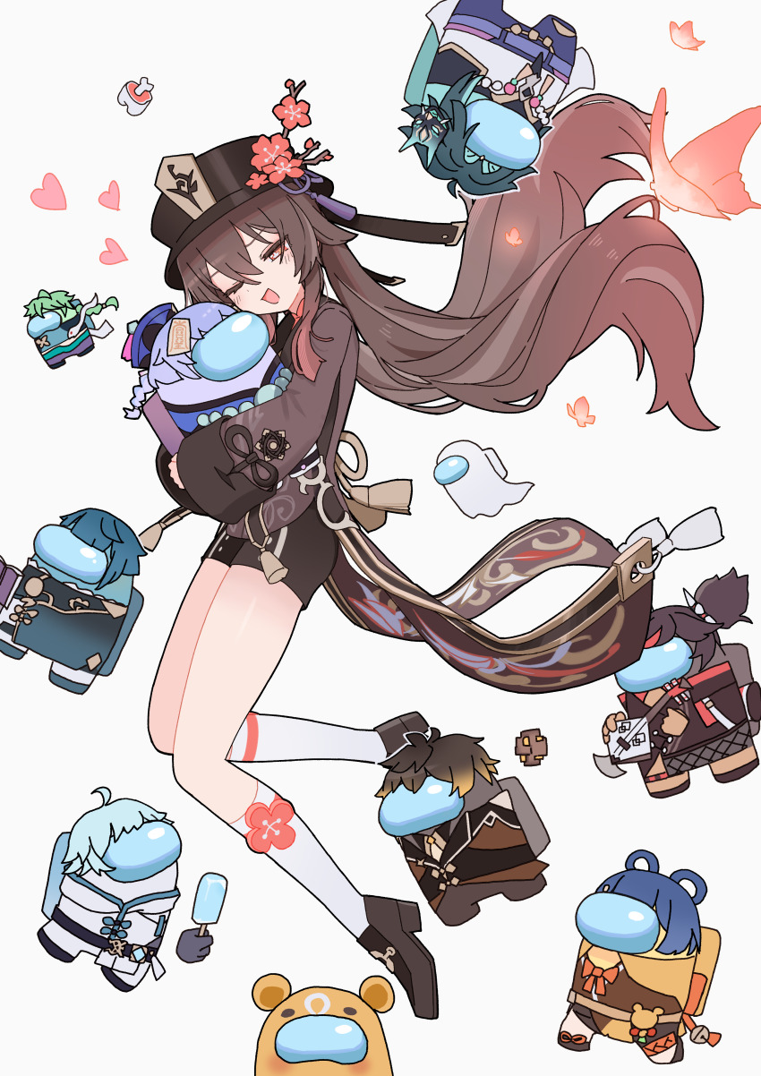 1girl, 6+others, absurdres, among_us, baizhu_(genshin_impact), baizhu_(genshin_impact)_(cosplay), black_hat, chongyun_(genshin_impact)