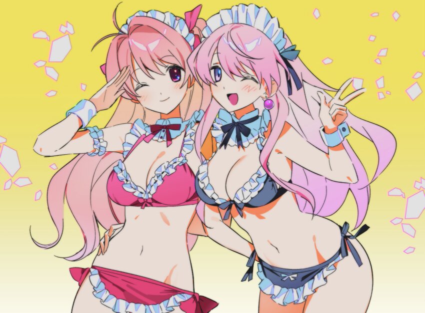 2girls, ;d, ahoge, alion_9715, bikini, bikini_skirt, black_bikini, black_bra, black_ribbon, blood_tune, blush, bow, bra, breasts, chaos;head, cleavage, collar, cowboy_shot, frilled_bikini, frilled_collar, frills, groin, hair_bow, highres, locked_arms, long_hair, looking_at_viewer, maid, maid_bikini, maid_headdress, medium_breasts, multiple_girls, navel, one_eye_closed, one_side_up, open_mouth, pink_eyes, pink_hair, purple_eyes, red_bikini, ribbon, sakihata_rimi, salute, science_adventure, seira_orgel, smile, swimsuit, tongue, unconventional_maid, underwear, v, wrist_cuffs