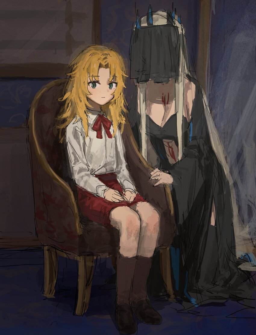 2girls, absurdres, age_difference, aged_down, black_dress, black_veil, blonde_hair, breasts, center_opening, chair, child, cleavage, clothing_cutout, crown, dress, faceless, fate/apocrypha, fate_(series), fgo_gwa, full_body, green_eyes, grey_hair, highres, indoors, kneeling, leaning_forward, long_hair, looking_at_viewer, mordred_(fate), morgan_le_fay_(fate), morgan_le_fay_(fate/apocrypha), mother_and_child, mother_and_daughter, multiple_girls, on_chair, parent_and_child, portrait, sidelocks, sitting, stomach_cutout, two-tone_dress, veil, very_long_hair
