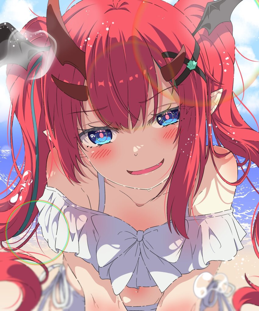 1girl, bare_shoulders, beach, blue_eyes, blush, bow, collarbone, day