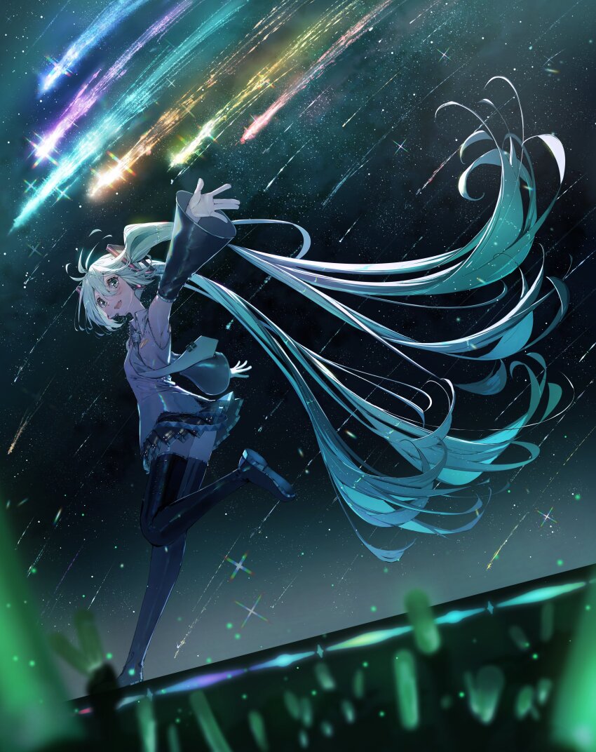 1girl, absurdres, aqua_eyes, aqua_hair, aqua_necktie, armpits, black_skirt, boots