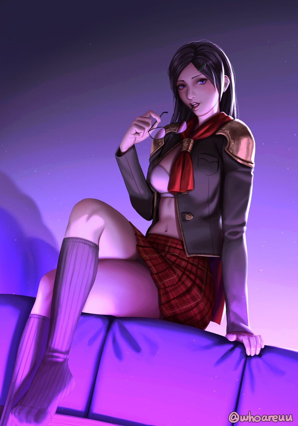 1girl, akademeia_uniform, arm_support, armor, ascot, bra, cape, commission