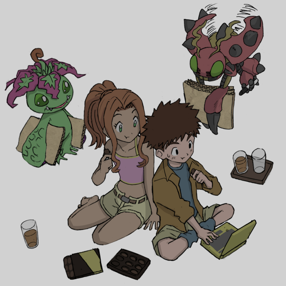 brown_hair, bug, cardboard, child, computer, digimon, digimon_(creature), digimon_adventure