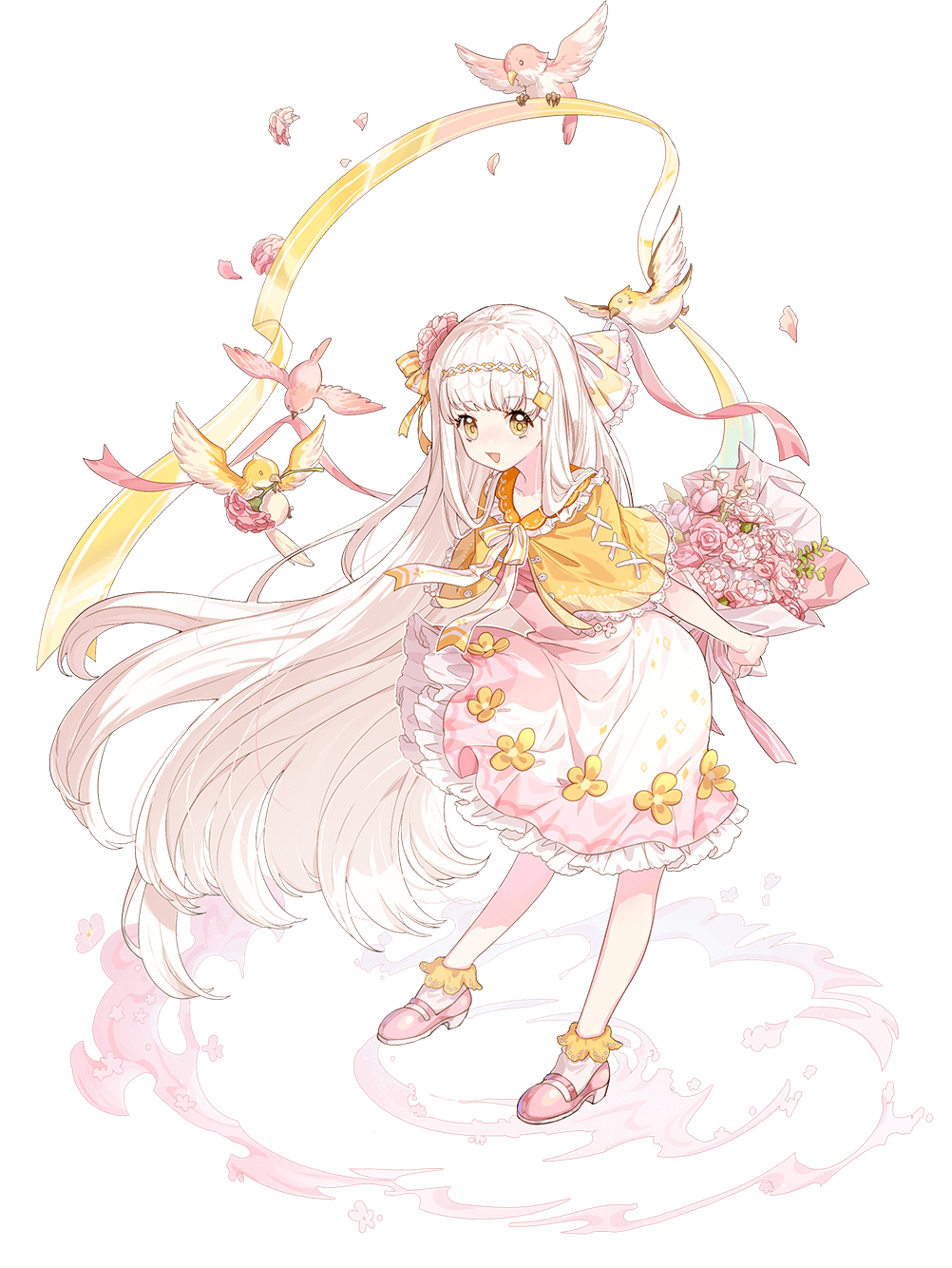 1girl, :d, almond_tofu_(food_fantasy), bird, bouquet, capelet, dress, flower