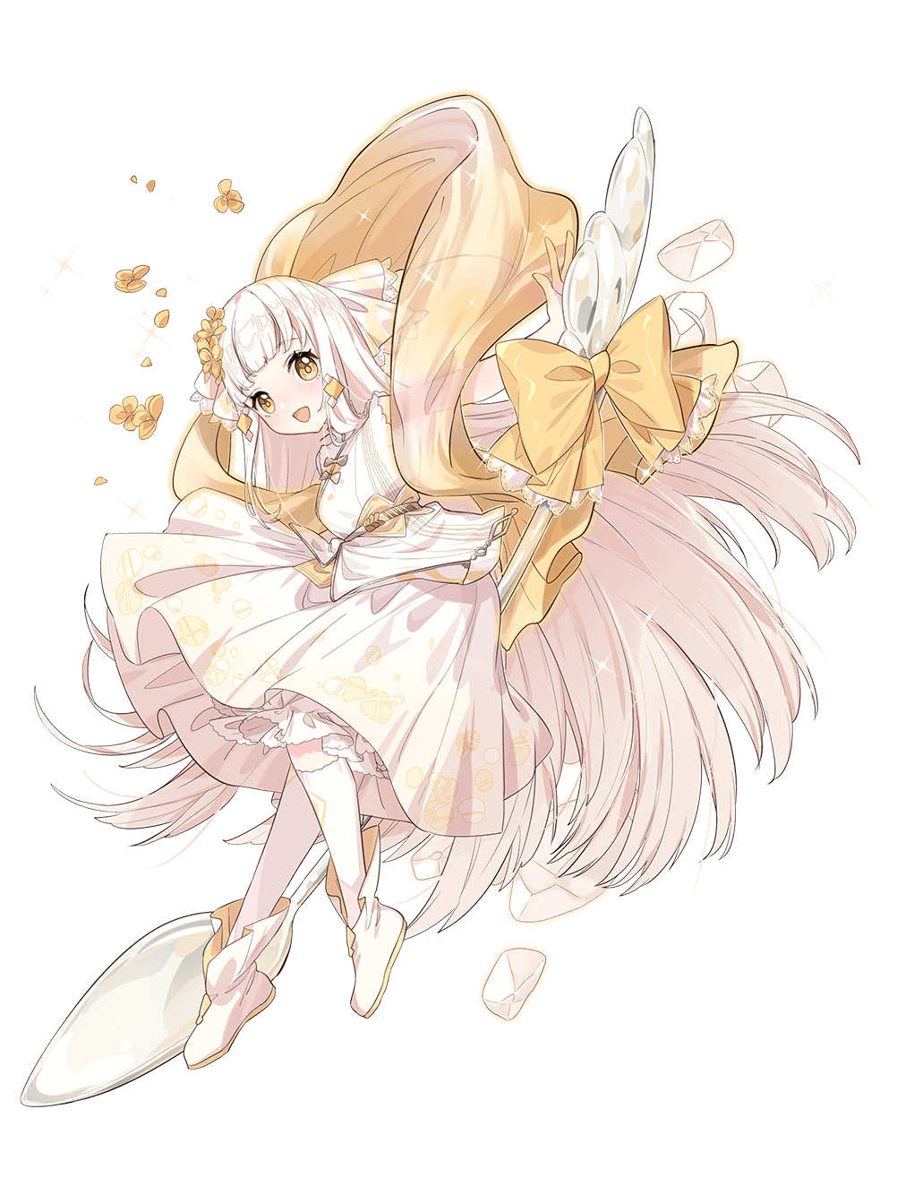 1girl, :d, almond_tofu_(food_fantasy), bow, dress, food_fantasy, full_body, hair_ornament