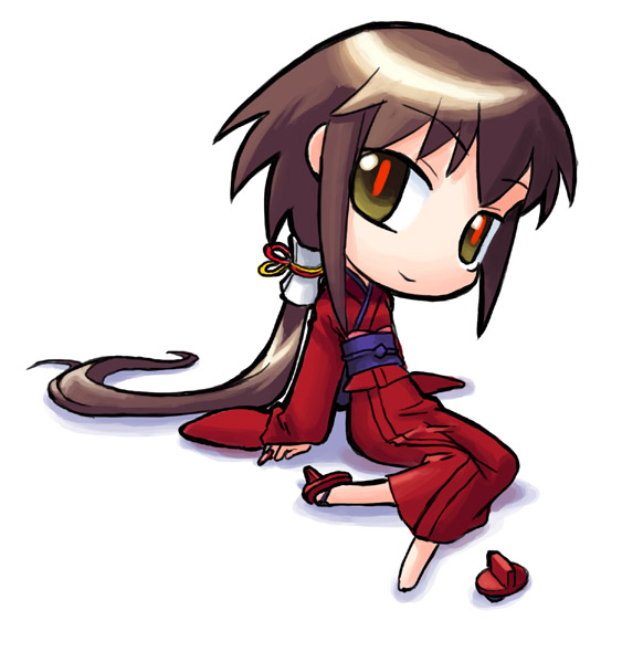 1girl, archived_source, arm_at_side, bad_link, brown_hair, chibi, chibi_only, closed_mouth, fingernails, flip-flops, full_body, futaba_channel, geta, hair_tubes, hand_on_ground, head_tilt, hirai_yukio, japanese_clothes, kimono, kurame, kusari_hime:_euthanasia, liarsoft, long_fingernails, long_hair, long_sidelocks, long_sleeves, looking_at_viewer, mizuhiki, no_nose, obi, obiage, obijime, ponytail, purple_sash, red_kimono, red_nails, red_pupils, red_ribbon, red_sandals, red_sleeves, ribbon, sandals, sash, sharp_fingernails, sidelocks, simple_background, single_bare_foot, single_hair_tube, sitting, slit_pupils, smile, solo, tengu-geta, unworn_sandals, very_long_hair, white_background, wide_sleeves, wonder_festival, yellow_eyes, yellow_ribbon, yokozuwari