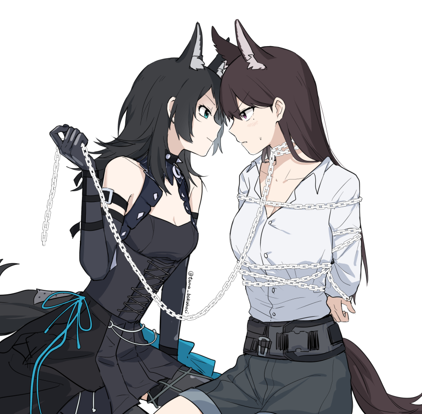 2girls, animal_ears, arknights, bang_dream!, bang_dream!_it's_mygo!!!!!, black_corset, black_gloves, black_hair