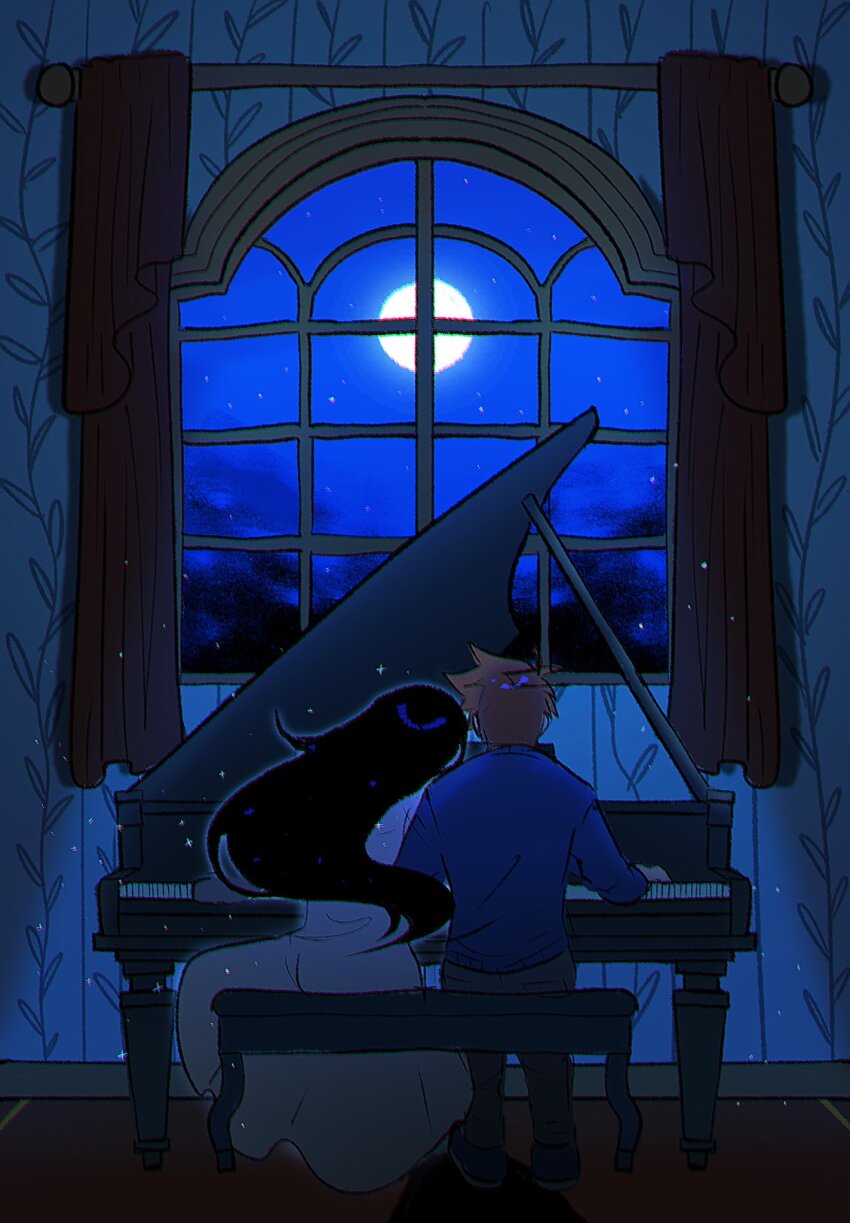 1boy, 1girl, antenna_hair, black_hair, blue_sky, blue_sweater, brown_hair, chromatic_aberration, curtains, dark, dress, film_grain, from_behind, full_body, full_moon, grand_piano, grey_pants, hashtag-only_commentary, head_on_another's_shoulder, hero_(faraway)_(omori), hero_(omori), highres, indoors, instrument, light_particles, long_dress, long_hair, long_sleeves, lyuz_(justtoseemeplea), mari_(omori), mari_(spirit)_(omori), moon, music, night, omori, on_bench, pants, piano, piano_bench, playing_instrument, playing_piano, short_hair, sitting, sky, sparkle, spoilers, sweater, very_long_hair, white_dress, window