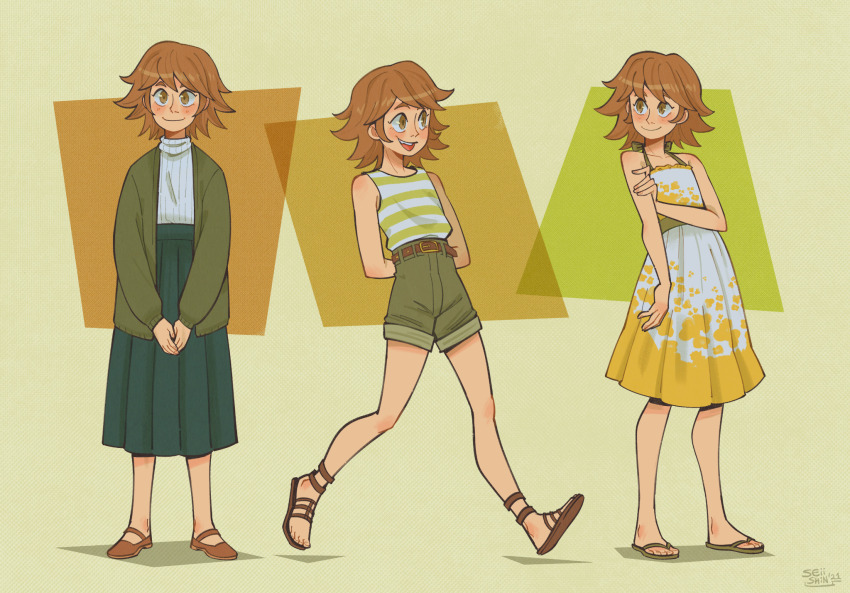 1boy, alternate_costume, aqua_skirt, arms_behind_back, bare_shoulders, belt, blush, brown_belt, brown_eyes, brown_hair, brown_sandals, brown_shoes, closed_mouth, commentary, danganronpa:_trigger_happy_havoc, danganronpa_(series), dated, dress, english_commentary, eyelashes, flip-flops, fujisaki_chihiro, full_body, green_jacket, green_shorts, green_skirt, hand_on_own_arm, highres, jacket, male_focus, multiple_views, open_clothes, open_jacket, open_mouth, sandals, seiishin, shirt, shoes, short_hair, shorts, signature, skirt, sleeveless, sleeveless_shirt, smile, standing, striped_clothes, striped_shirt, sweater, teeth, trap, two-tone_dress, two-tone_shirt, upper_teeth_only, white_dress, white_shirt, white_sweater, yellow_dress