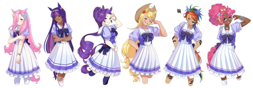 6+girls, animal_ears, animification, apple_hair_ornament, applejack, arm_up, bandaid, blonde_hair, blue_eyes, bow, bowtie, bracelet, brown_hat, butterfly_hair_ornament, commentary, cowboy_hat, crossed_arms, curly_hair, dark-skinned_female, dark_skin, english_commentary, fluttershy, food-themed_hair_ornament, glasses, hair_bow, hair_ornament, hair_over_one_eye, hat, heart, heart_hands, highres, horse_ears, horse_girl, horse_tail, horseshoe_ornament, jewelry, jorii_l33, long_hair, looking_at_viewer, low-tied_long_hair, mane_six_(my_little_pony), multicolored_hair, multiple_girls, my_little_pony, my_little_pony:_friendship_is_magic, necklace, one_eye_closed, parody, personification, pink_hair, pinkie_pie, pleated_skirt, ponytail, purple_bow, purple_bowtie, purple_eyes, purple_hair, purple_sailor_collar, purple_serafuku, purple_shirt, purple_trim, rainbow_dash, rainbow_hair, rarity_(my_little_pony), round_eyewear, sailor_collar, sailor_shirt, scar, school_uniform, serafuku, shirt, short_hair, short_sleeves, simple_background, skirt, smile, star_(symbol), star_hair_ornament, streaked_hair, summer_uniform, tail, tail_bow, tail_ornament, tan, tiara, tracen_school_uniform, twilight_sparkle, umamusume, updo, very_long_hair, white_background, white_skirt, yellow_bow