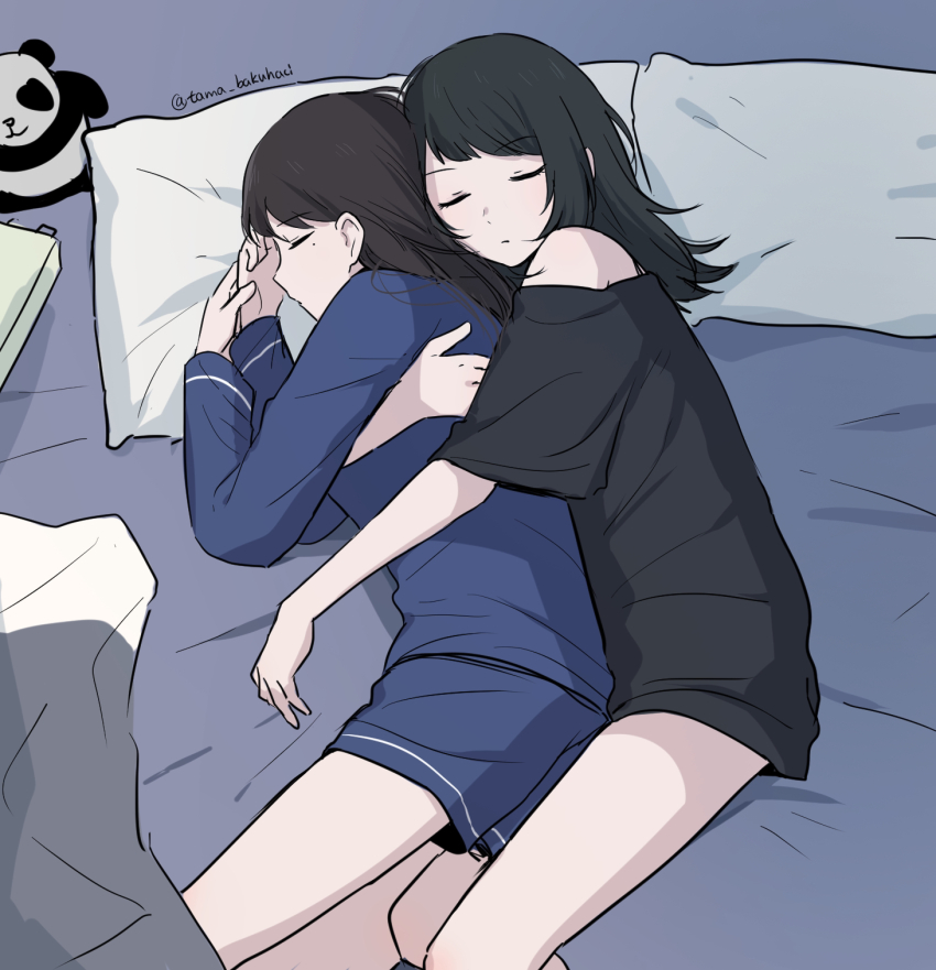 2girls, bang_dream!, bang_dream!_it's_mygo!!!!!, black_hair, black_shirt, blue_shirt, blue_shorts, brown_hair, chinese_commentary, closed_eyes, closed_mouth, commentary_request, cuddling, from_above, highres, hug, hug_from_behind, long_hair, mole, mole_under_eye, multiple_girls, off-shoulder_shirt, off_shoulder, on_bed, pajamas, pillow, rankaku, shiina_taki, shirt, shorts, sleeping, spooning, stuffed_animal, stuffed_panda, stuffed_toy, twitter_username, yahata_umiri, yuri