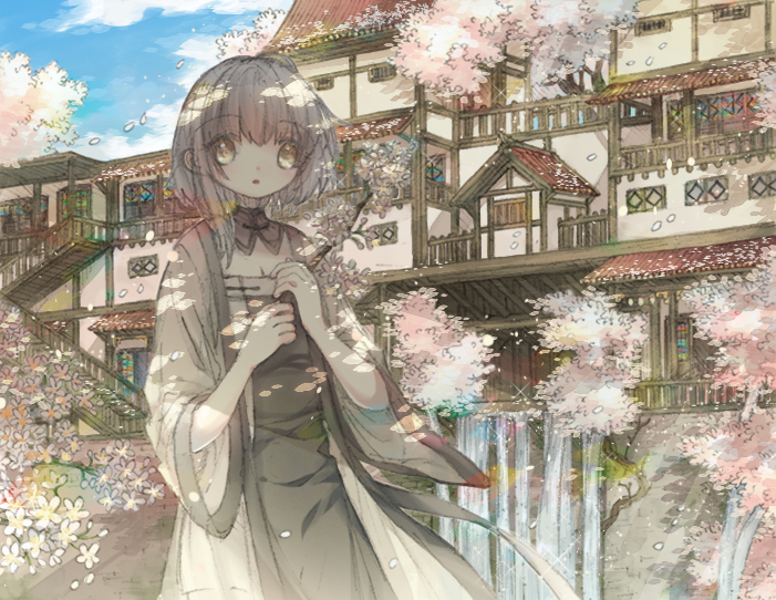 1girl, :o, ahodumi, black_dress, blue_sky, branch, breasts, cherry_blossoms