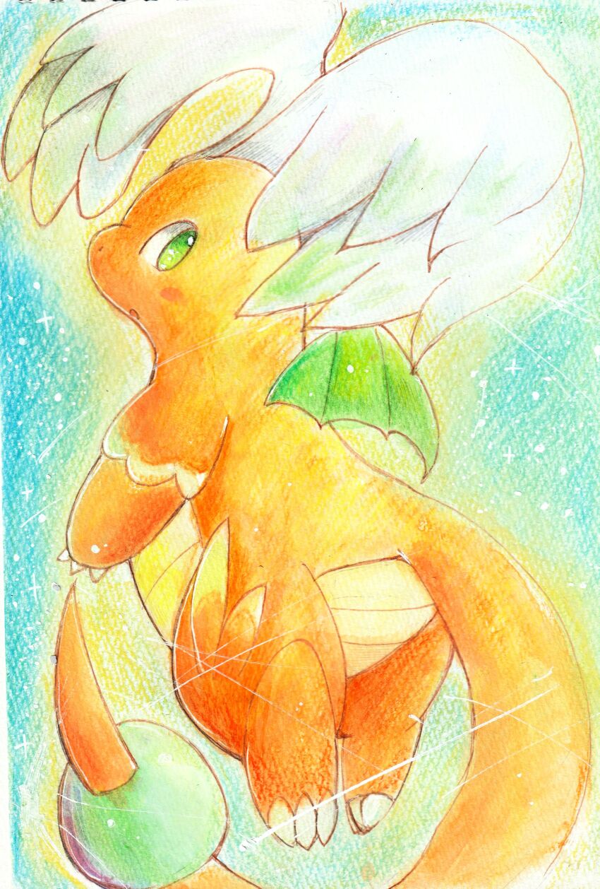 absurdres, blush, claws, colored_skin, dragon, dragonite, feathered_wings, gen_1_pokemon